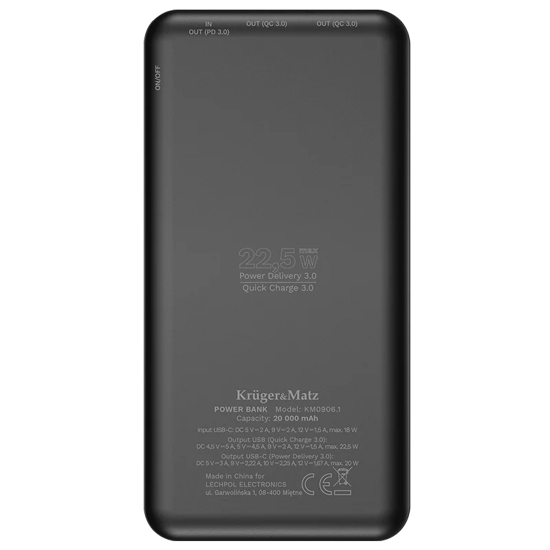 KM0906.1@5 POWER BANK 20000MAH LI-POL QC 3.0 PD 3.0 KRUGER&MATZ
