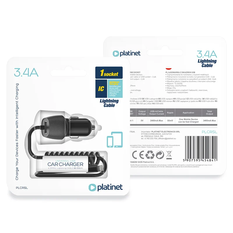 PLCRSL@2 INCARCATOR AUTO CABLU SPIRALAT 3.4A LIGHTNING