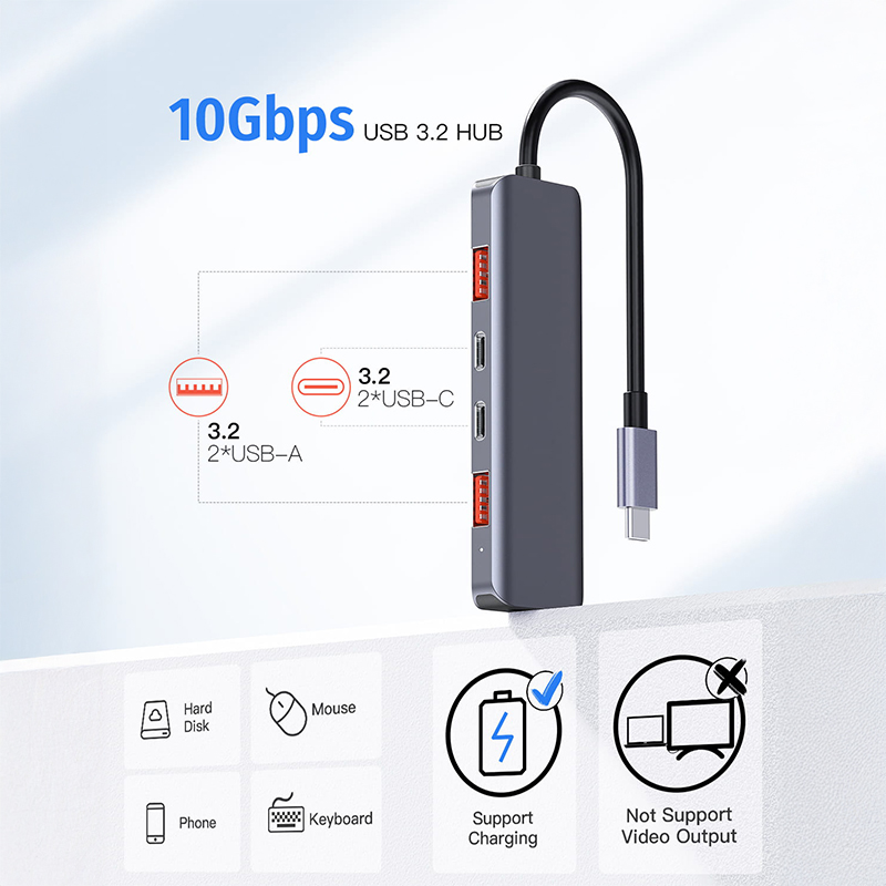 HUB 5 IN 1 10 GBS USB-C PD 100W  ALUMINIU PLATINET